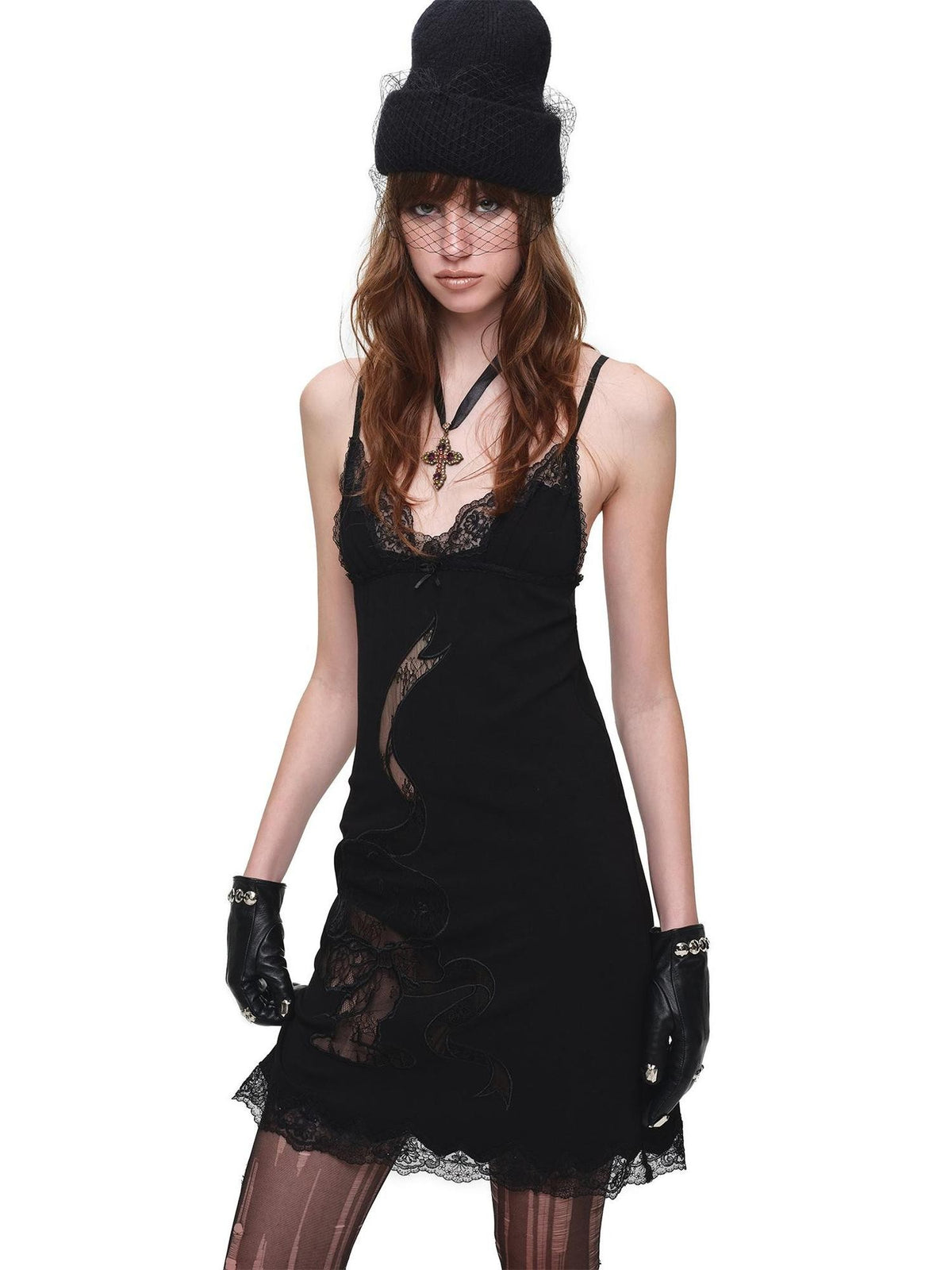 1JINN STUDIO Lace Applique V-neck Spaghetti Strap Semi Sheer Women&