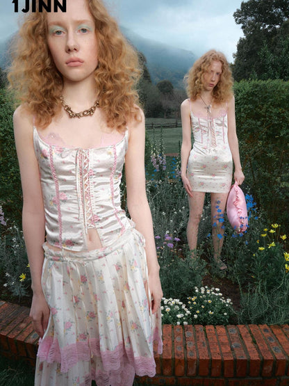 1JINN STUDIO Lace Boned Corset Tie Layered Women&