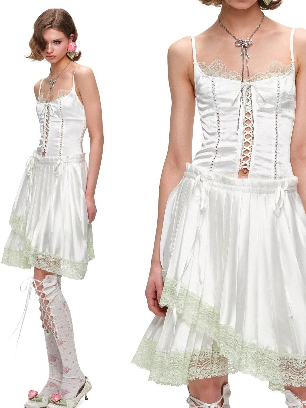1JINN STUDIO Lace Boned Corset Tie Layered Women&