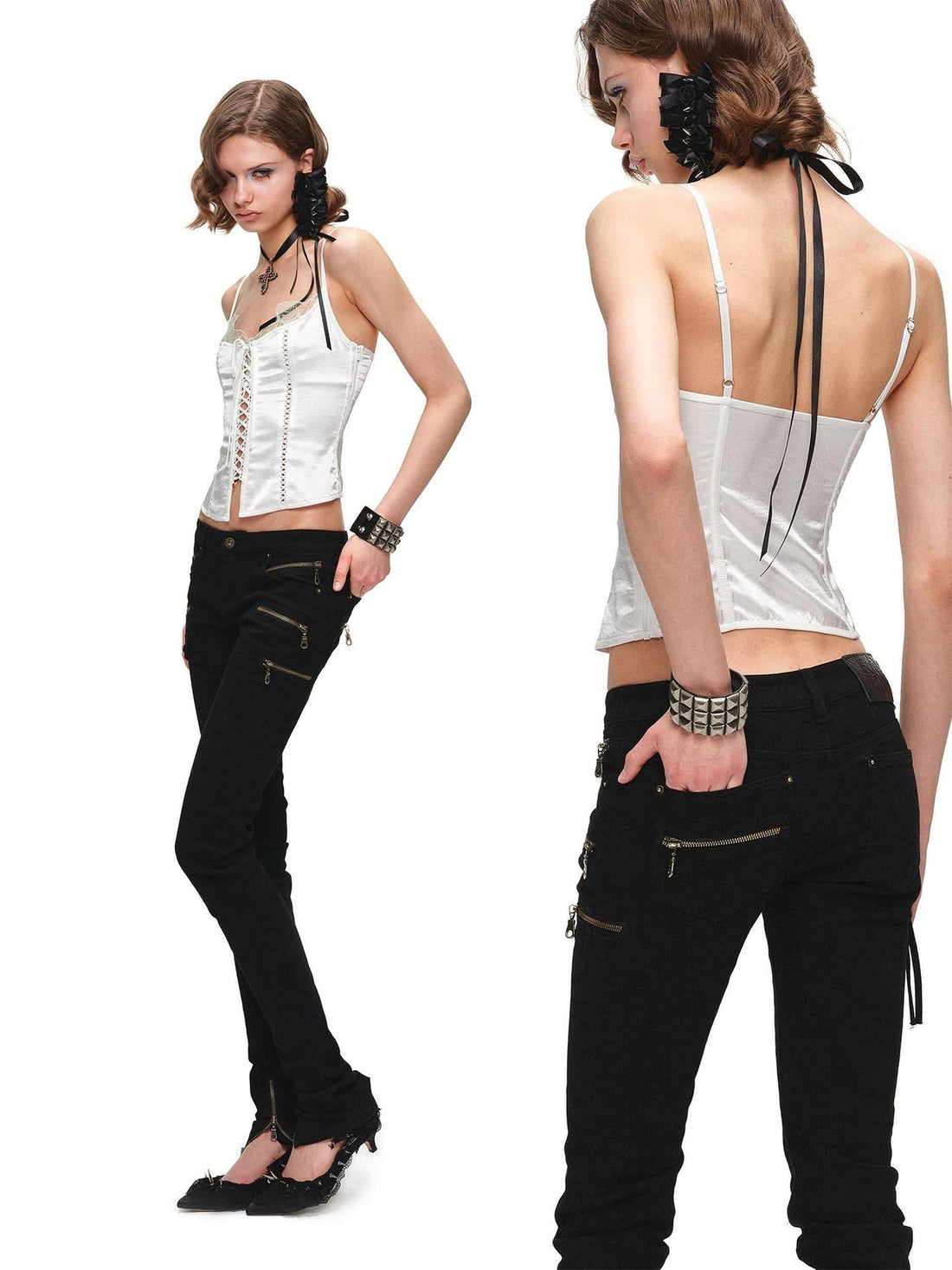 1JINN STUDIO Lace Boned Corset Tie Layered Women&