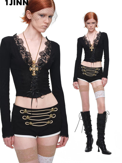 1JINN STUDIO Lace Panel V-neck Slim Fit Women&
