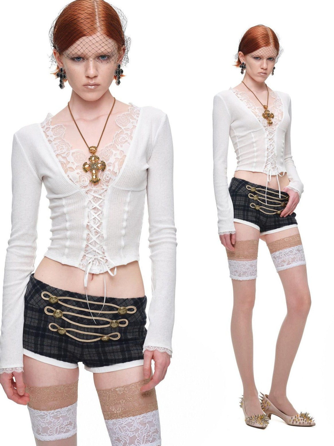 1JINN STUDIO Lace Panel V-neck Slim Fit Women&