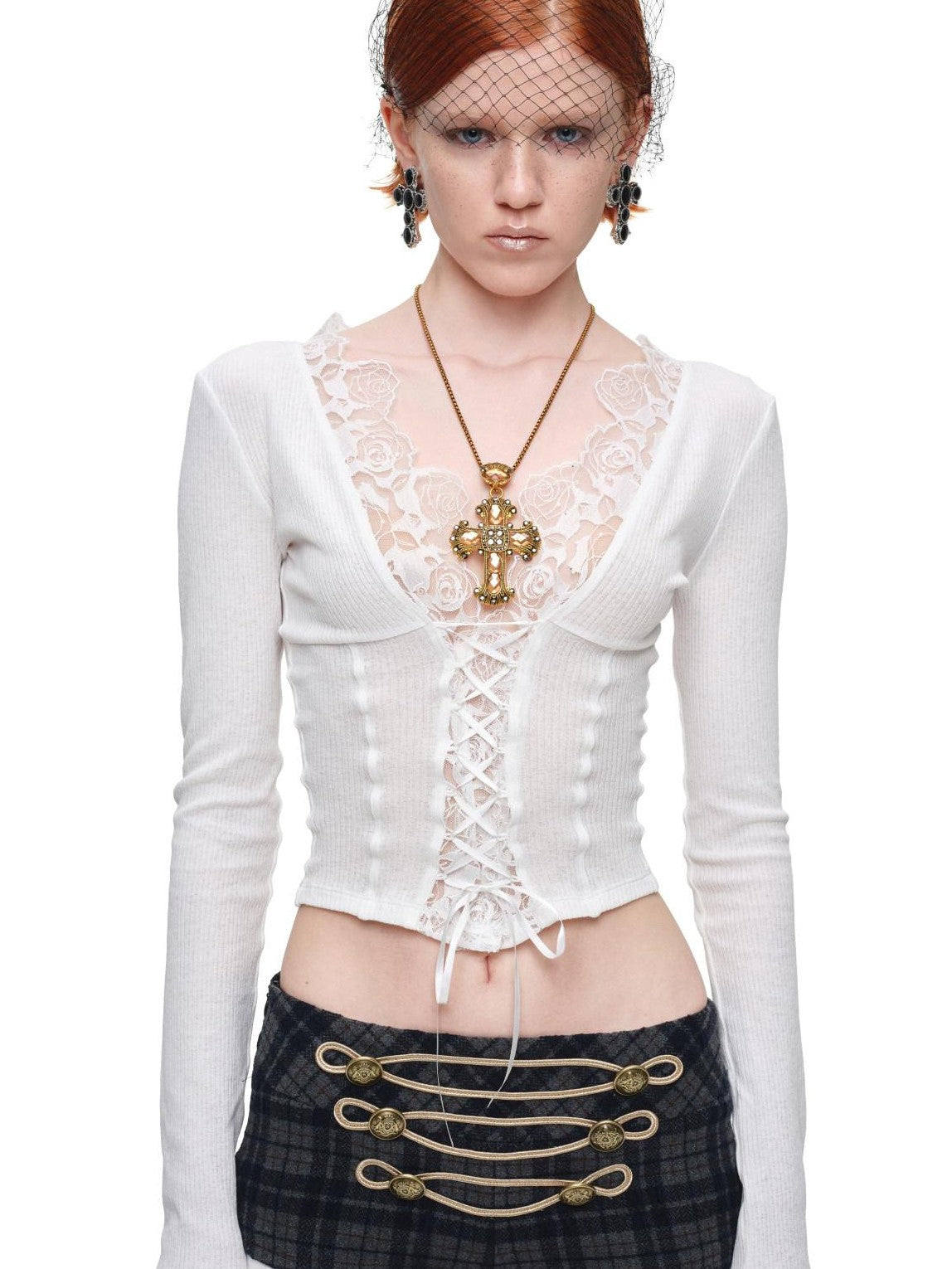 1JINN STUDIO Lace Panel V-neck Slim Fit Women&
