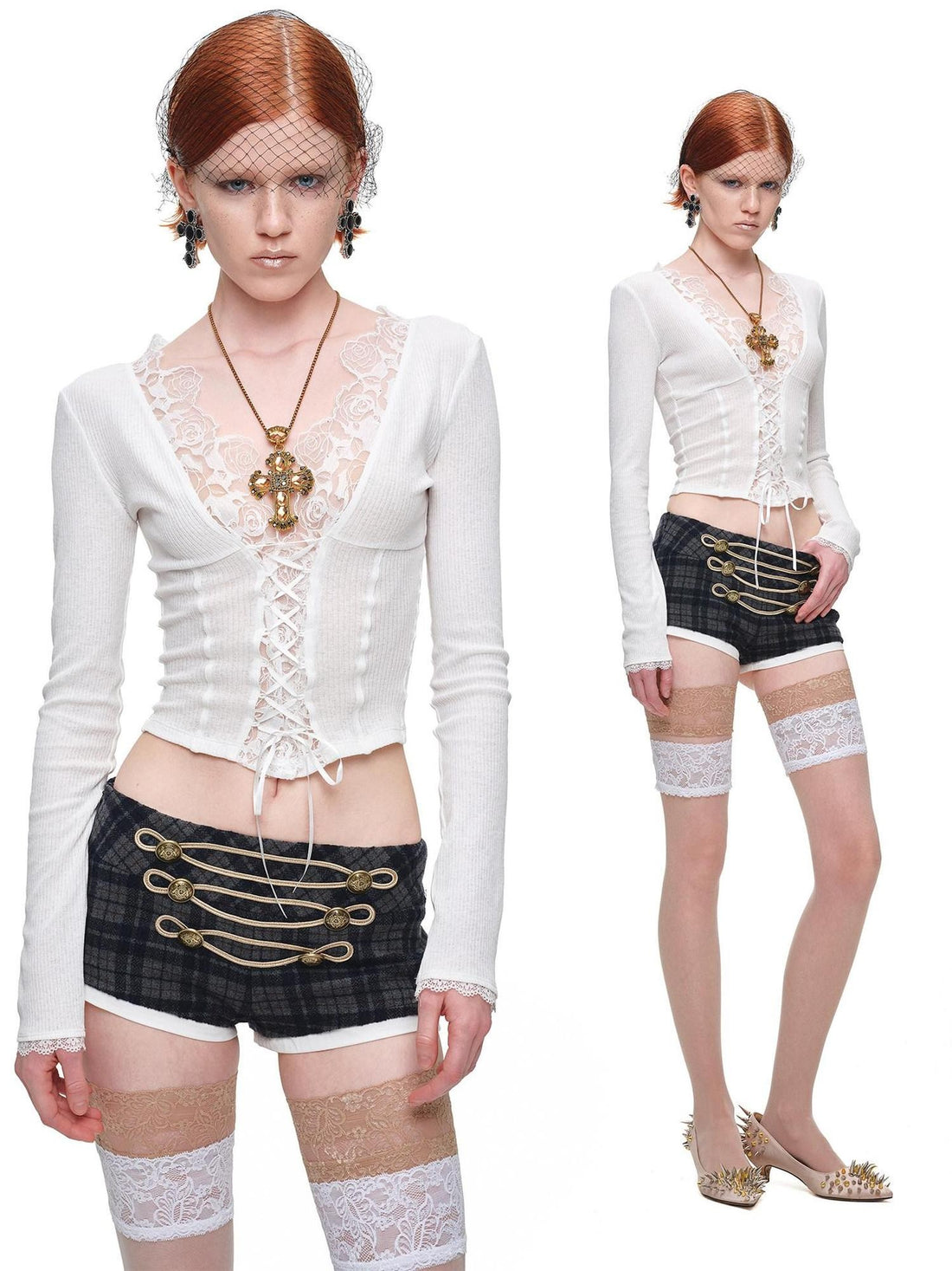 1JINN STUDIO Lace Panel V-neck Slim Fit Women&