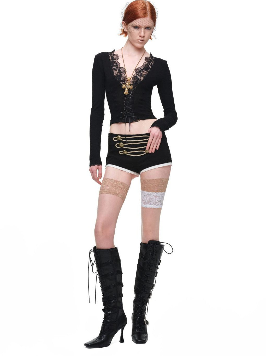 1JINN STUDIO Lace Panel V-neck Slim Fit Women&