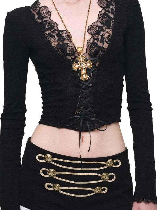 1JINN STUDIO Lace Panel V-neck Slim Fit Women&