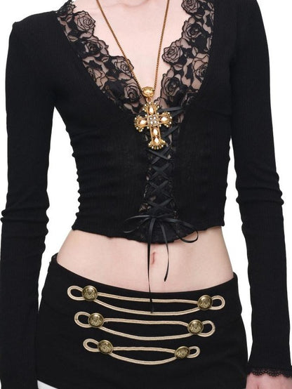 1JINN STUDIO Lace Panel V-neck Slim Fit Women&