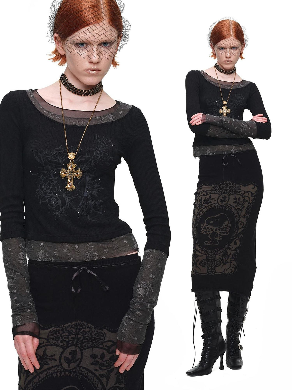 1JINN STUDIO Lace Splice Colorblock Printed Rhinestone Women&