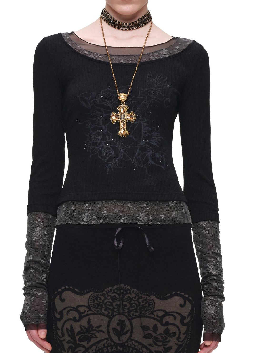 1JINN STUDIO Lace Splice Colorblock Printed Rhinestone Women&