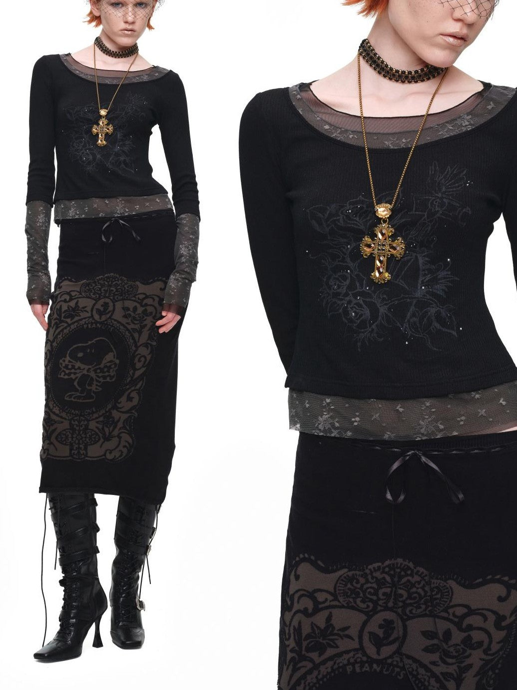 1JINN STUDIO Lace Splice Colorblock Printed Rhinestone Women&
