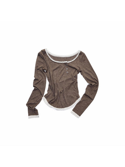 1JINN STUDIO Lace Trim Henley Collar Diagonal Placket Women&