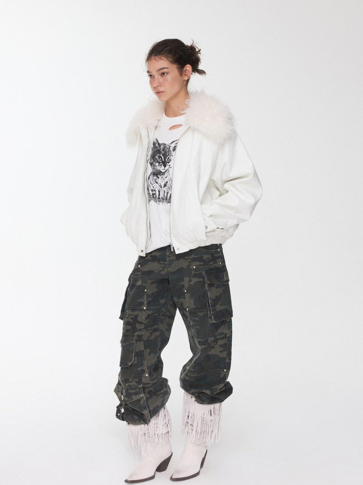 1JINN STUDIO Large Fur Collar Embossed Embroidery Padded Loose Fit Women&