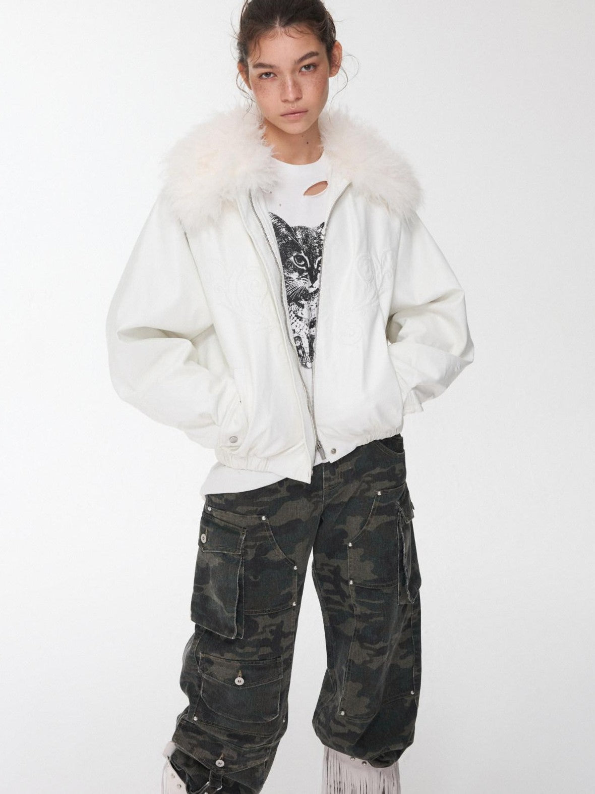 1JINN STUDIO Large Fur Collar Embossed Embroidery Padded Loose Fit Women&