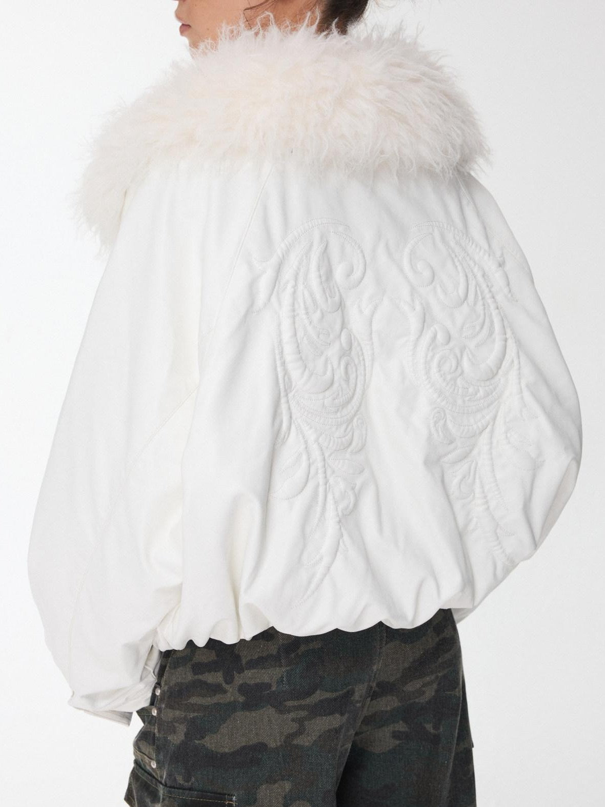 1JINN STUDIO Large Fur Collar Embossed Embroidery Padded Loose Fit Women&