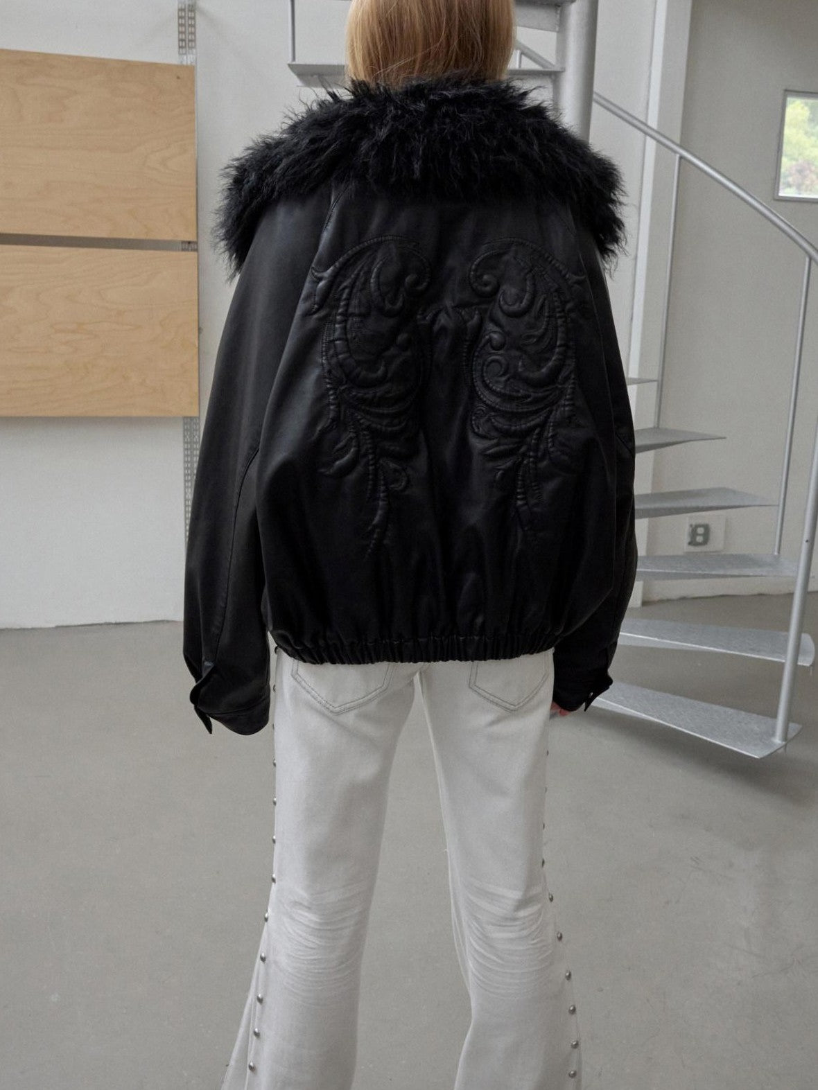 1JINN STUDIO Large Fur Collar Embossed Embroidery Padded Loose Fit Women&
