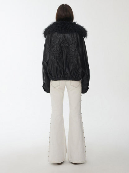 1JINN STUDIO Large Fur Collar Embossed Embroidery Padded Loose Fit Women&