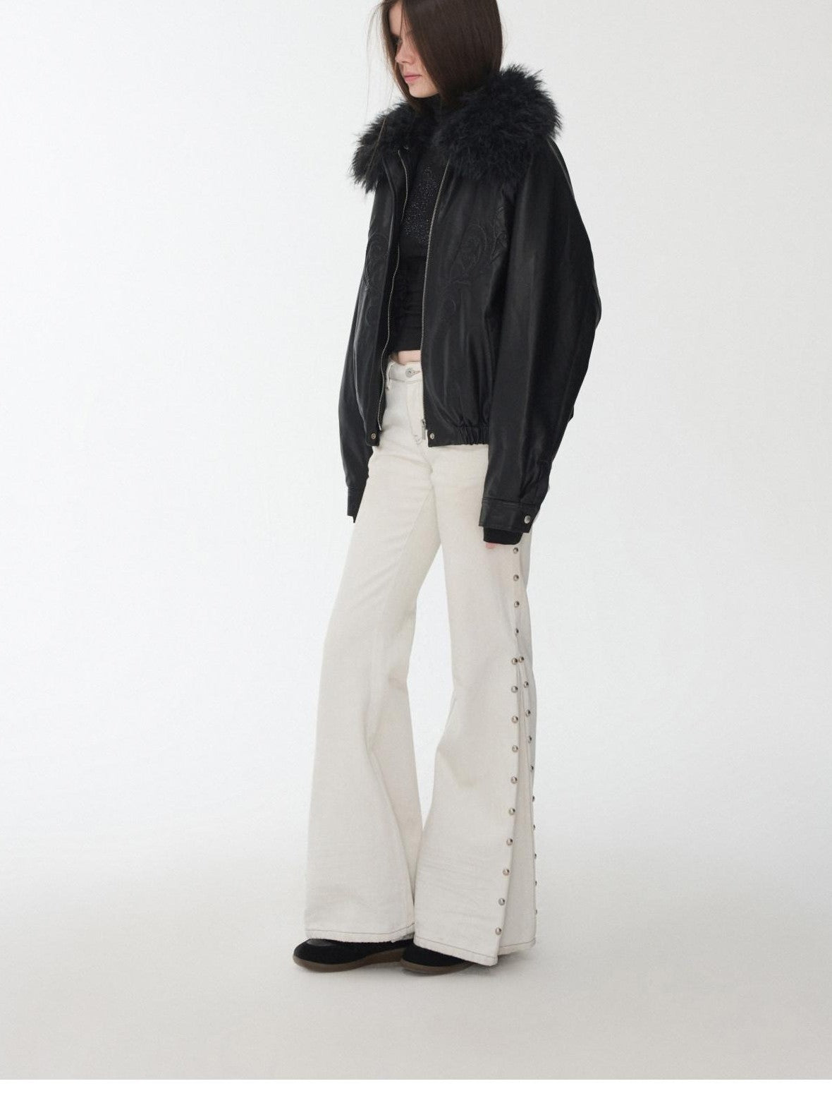 1JINN STUDIO Large Fur Collar Embossed Embroidery Padded Loose Fit Women&