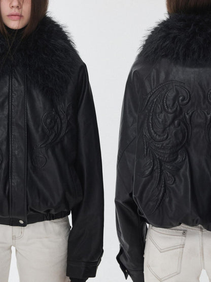1JINN STUDIO Large Fur Collar Embossed Embroidery Padded Loose Fit Women&