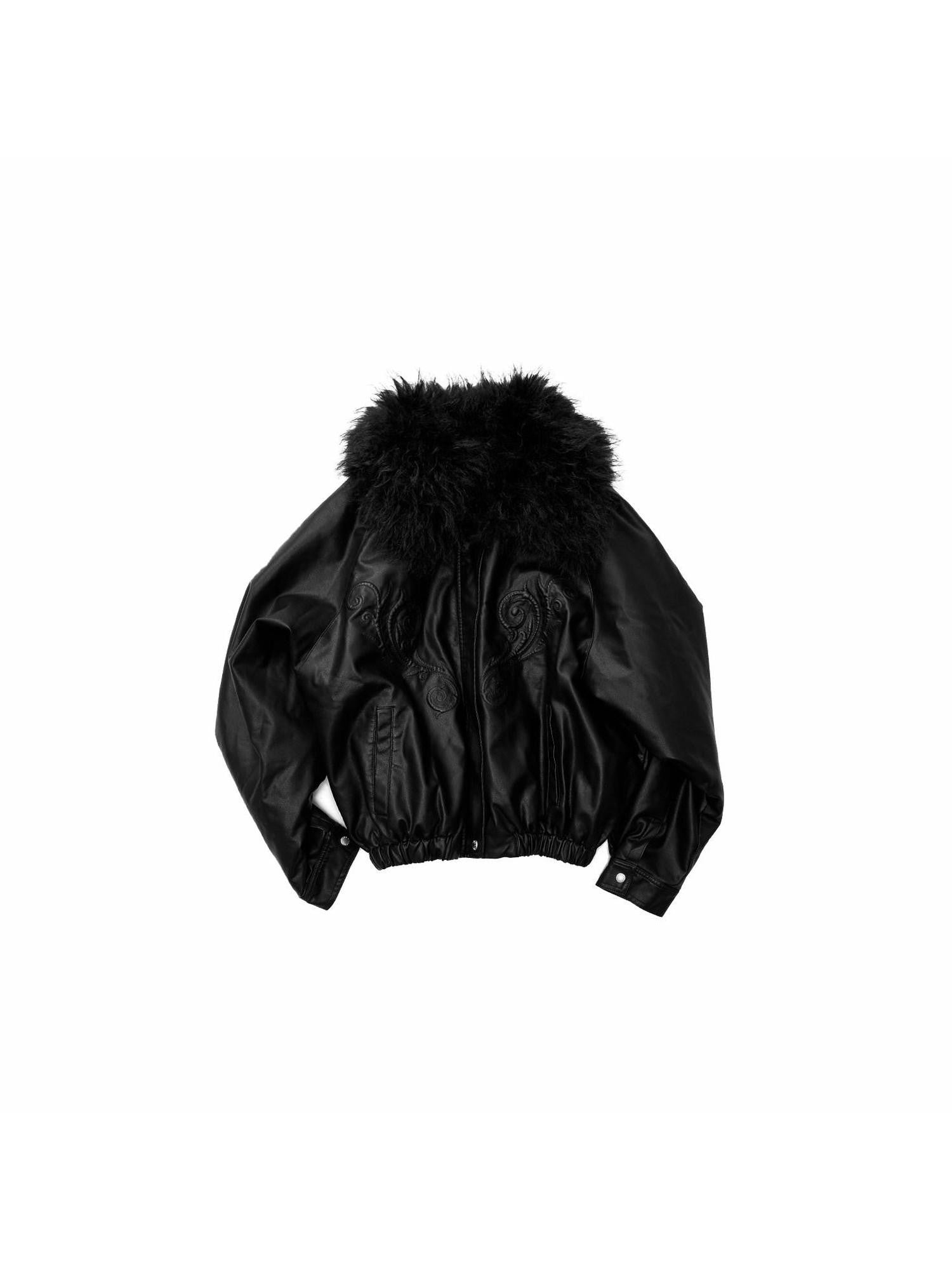 1JINN STUDIO Large Fur Collar Embossed Embroidery Padded Loose Fit Women&