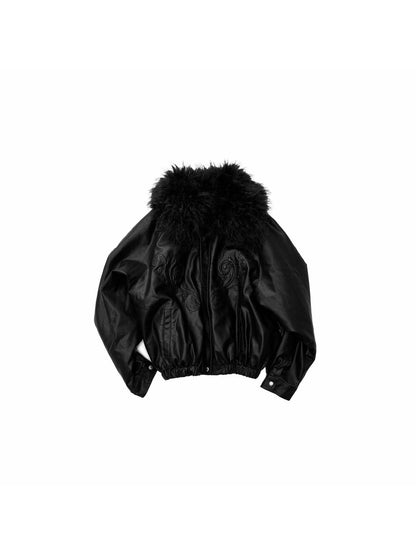 1JINN STUDIO Large Fur Collar Embossed Embroidery Padded Loose Fit Women&
