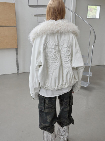 1JINN STUDIO Large Fur Collar Embossed Embroidery Padded Loose Fit Women&