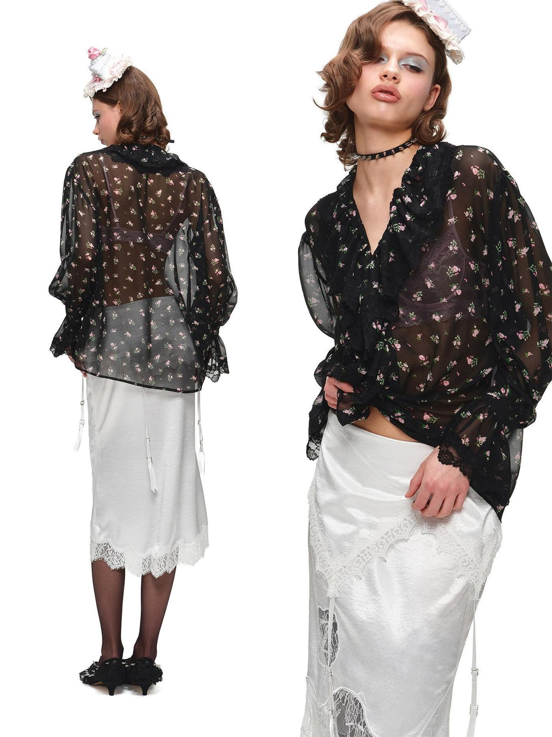 1JINN STUDIO Large Ruffle V-neck Victorian Floral Long Sleeve Women&