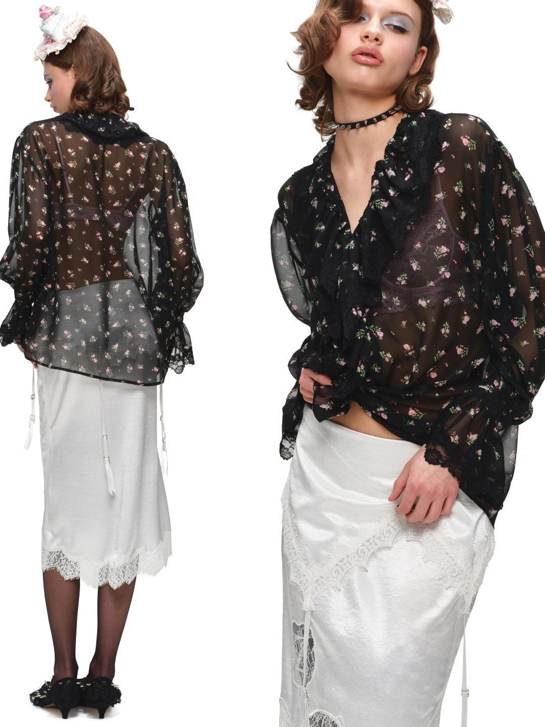 1JINN STUDIO Large Ruffle V-neck Victorian Floral Long Sleeve Women&