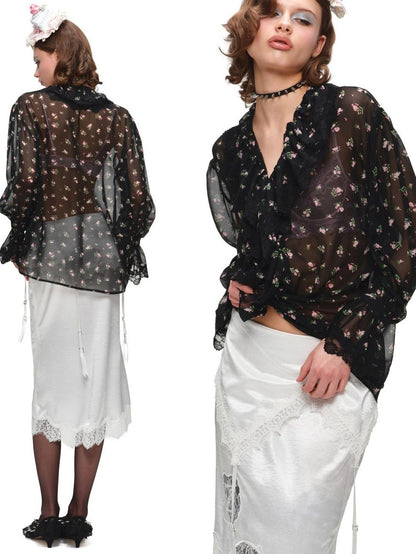 1JINN STUDIO Large Ruffle V-neck Victorian Floral Long Sleeve Women&