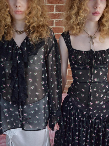 1JINN STUDIO Large Ruffle V-neck Victorian Floral Long Sleeve Women&