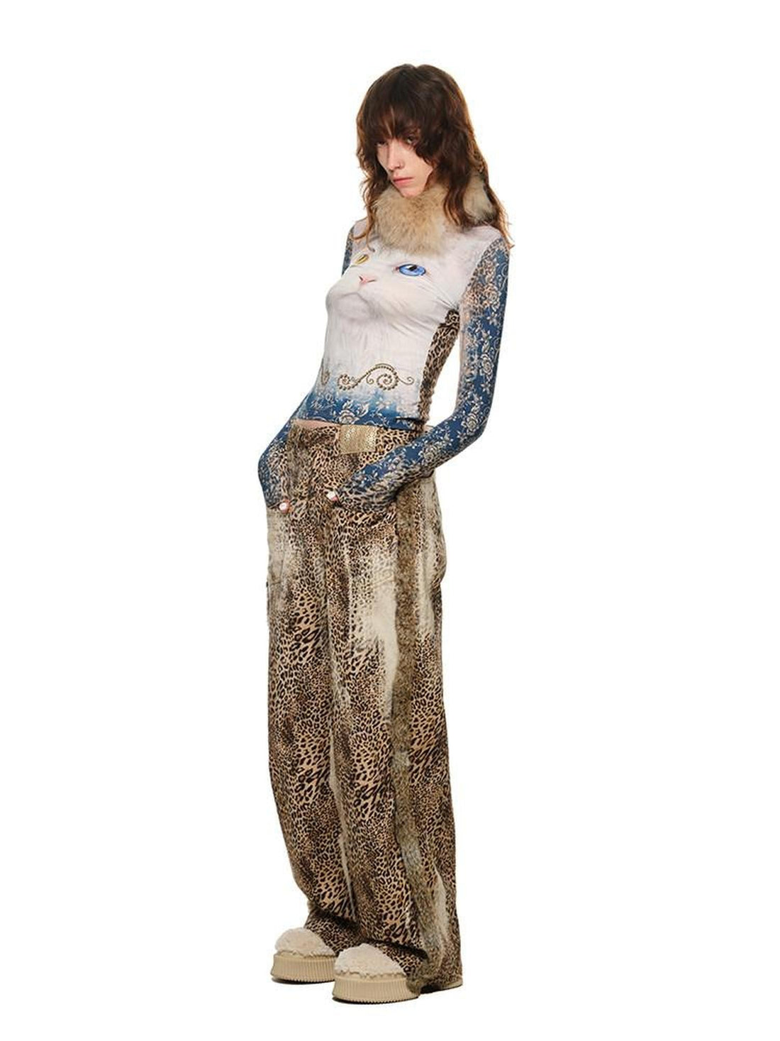 1JINN STUDIO Leopard Patchwork Deconstructed Low Rise Women&