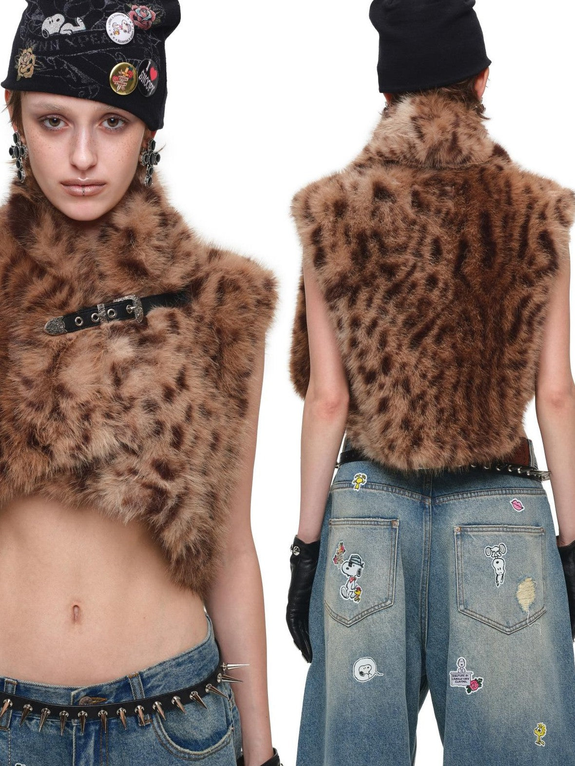 1JINN STUDIO Leopard Print Belted One Piece Cropped Faux Fur Women&