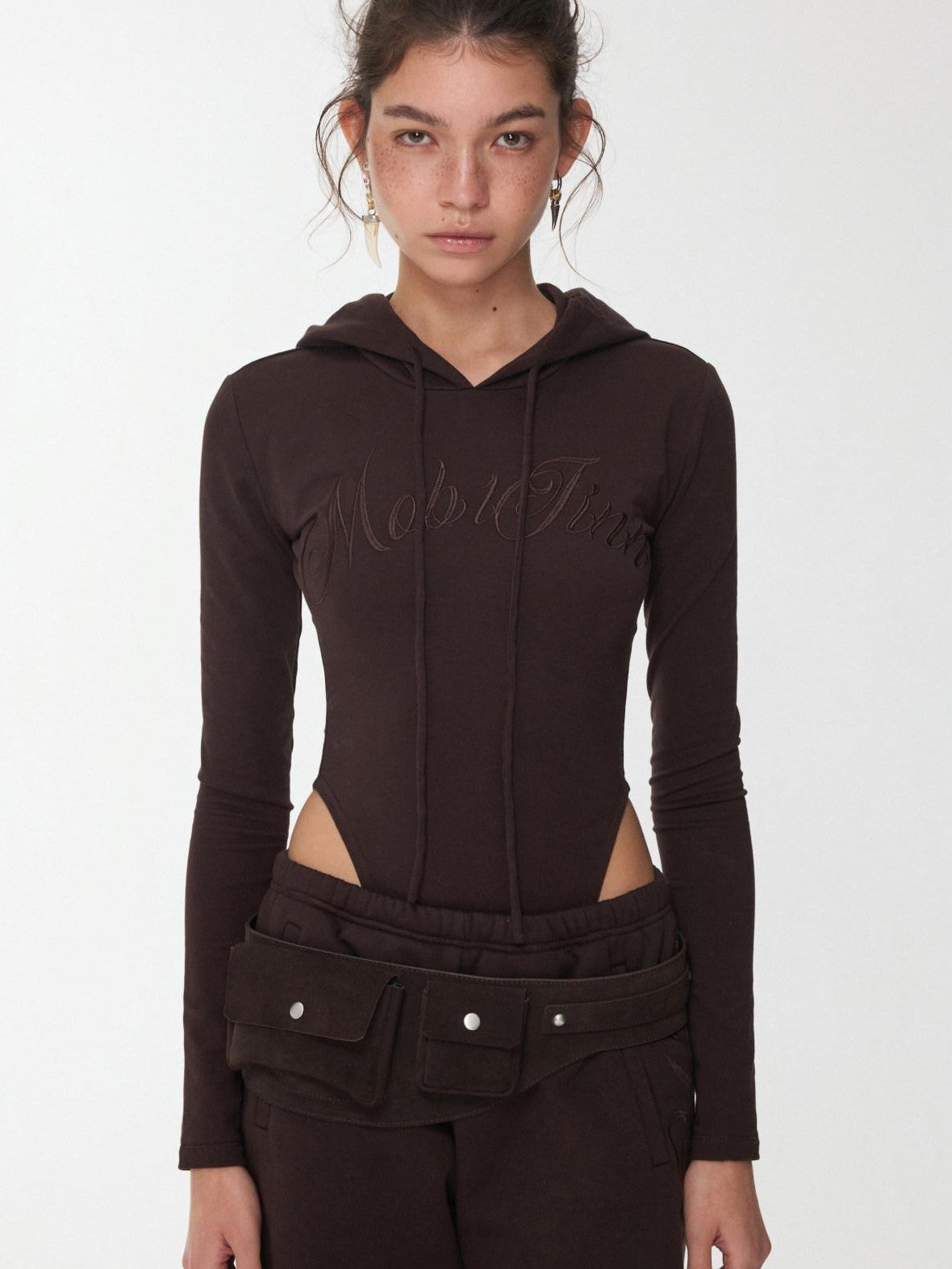 1JINN STUDIO Letter Embroidered Drawstring Hooded Slim Waist Women&