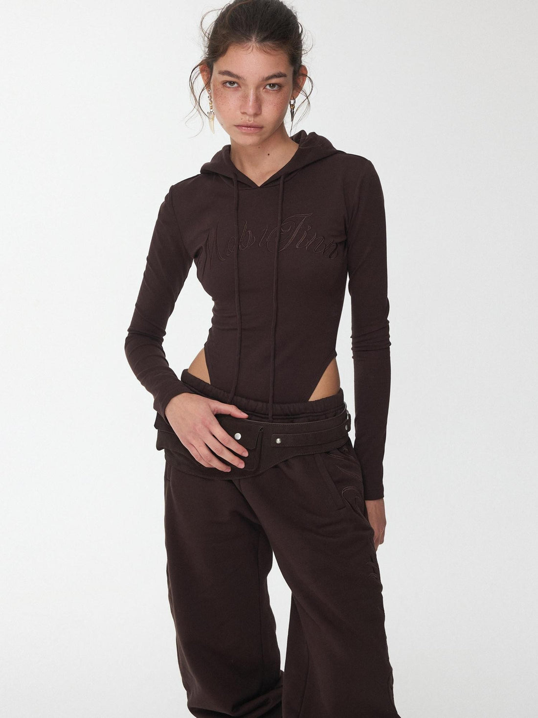 1JINN STUDIO Letter Embroidered Drawstring Hooded Slim Waist Women&