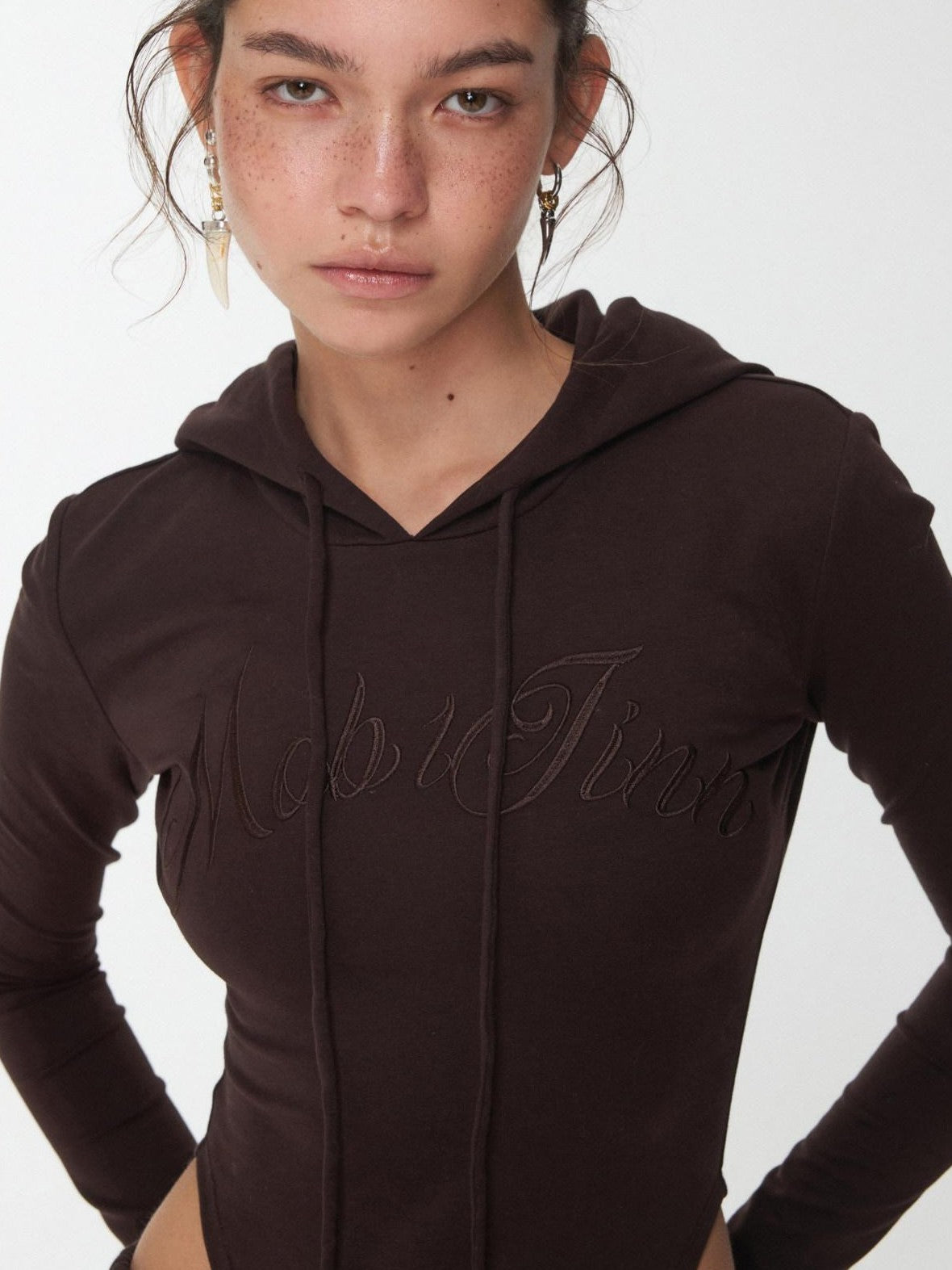 1JINN STUDIO Letter Embroidered Drawstring Hooded Slim Waist Women&