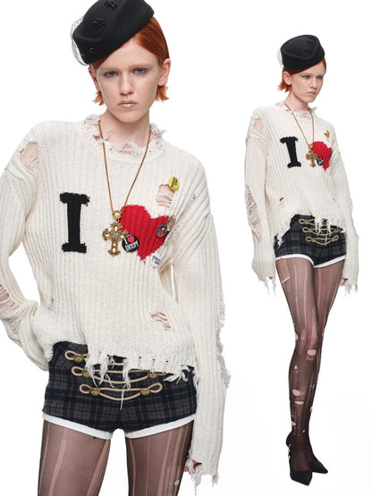 1JINN STUDIO Letter Heart Print Distressed Ribbed Knit Women&