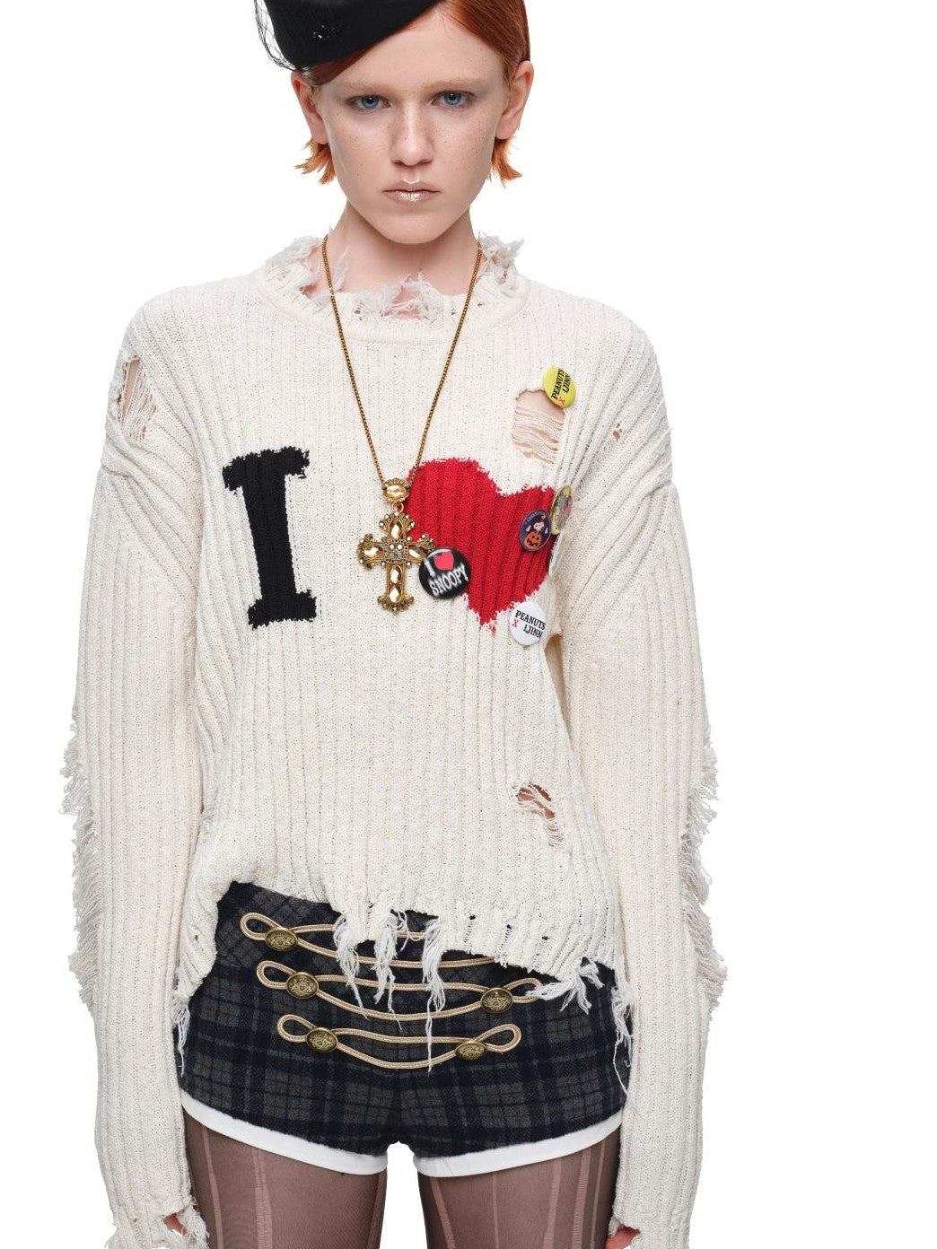 1JINN STUDIO Letter Heart Print Distressed Ribbed Knit Women&