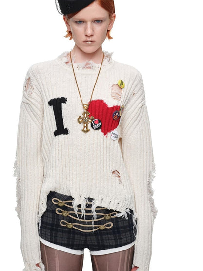1JINN STUDIO Letter Heart Print Distressed Ribbed Knit Women&