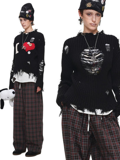 1JINN STUDIO Letter Heart Print Distressed Ribbed Knit Women&