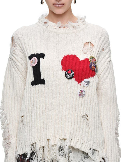 1JINN STUDIO Letter Heart Print Distressed Ribbed Knit Women&