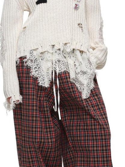 1JINN STUDIO Letter Heart Print Distressed Ribbed Knit Women&