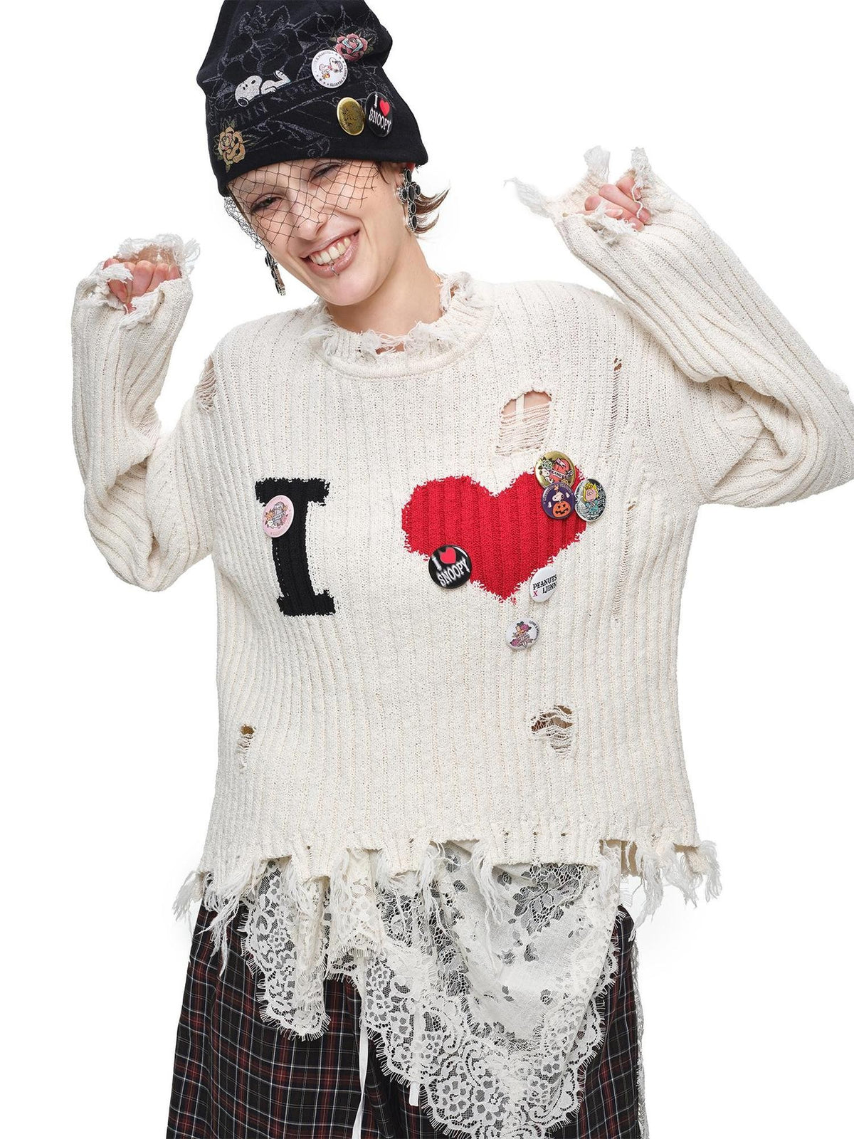 1JINN STUDIO Letter Heart Print Distressed Ribbed Knit Women&