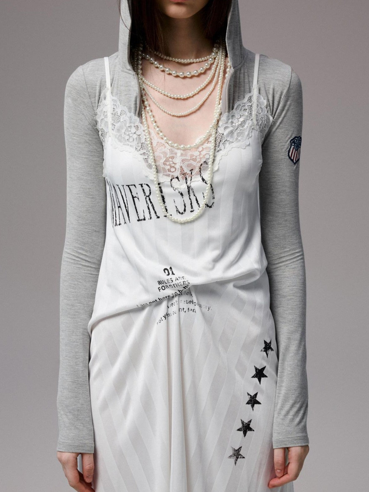 1JINN STUDIO Letter Print Lace Patchwork V-neck Women&