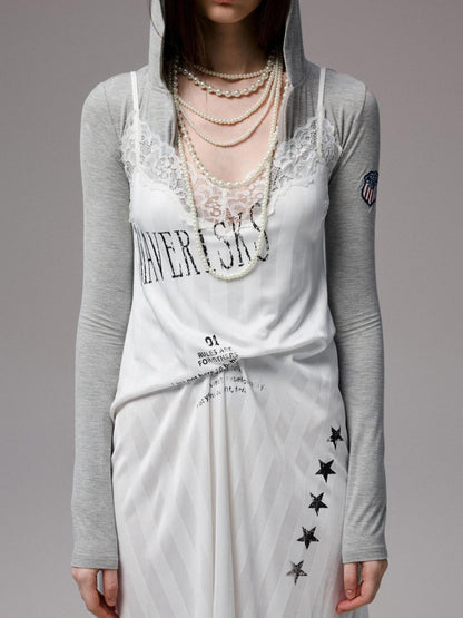 1JINN STUDIO Letter Print Lace Patchwork V-neck Women&