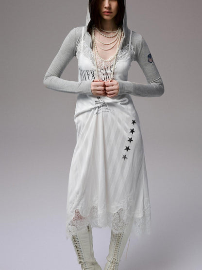1JINN STUDIO Letter Print Lace Patchwork V-neck Women&