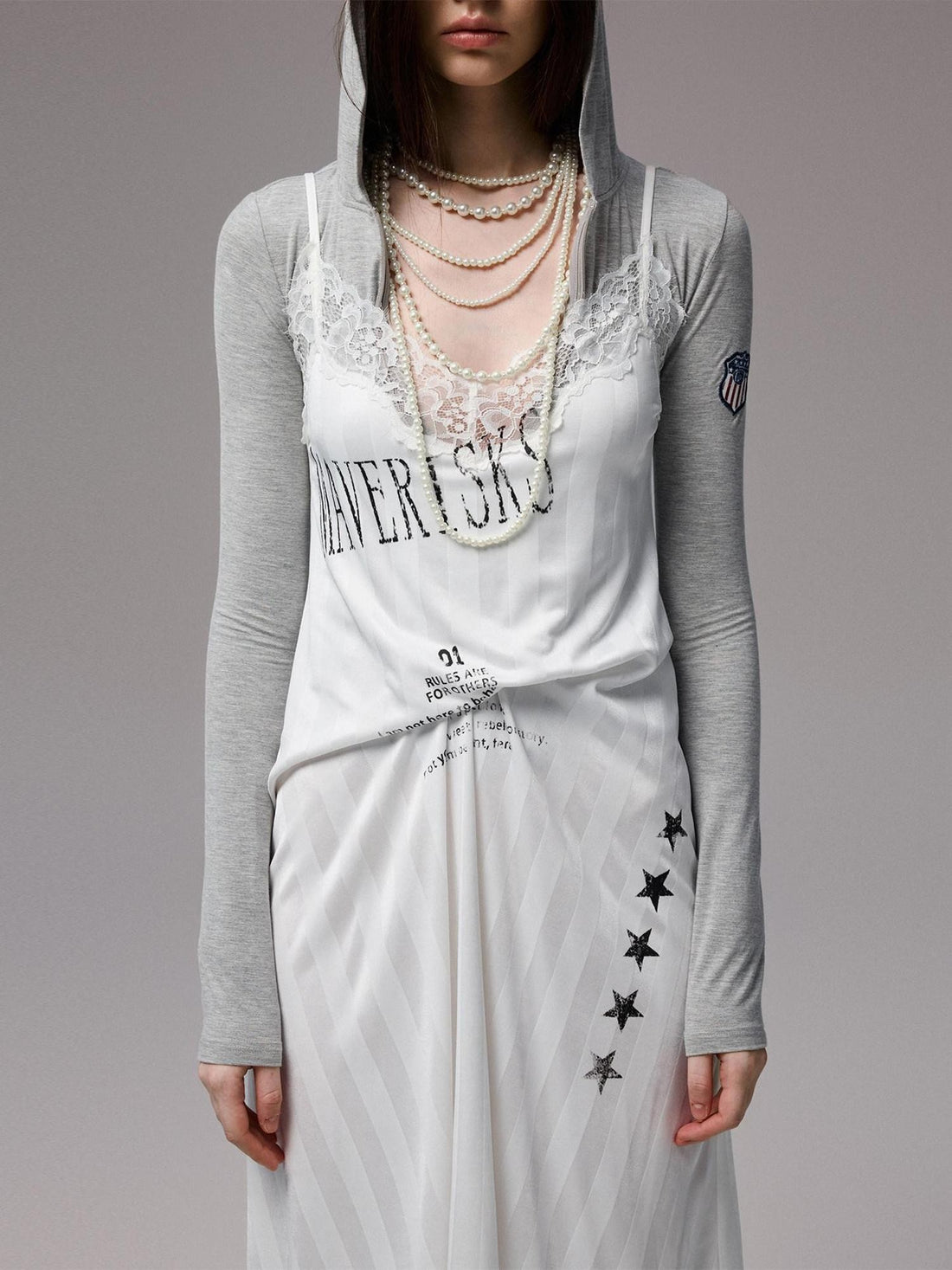 1JINN STUDIO Letter Print Lace Patchwork V-neck Women&