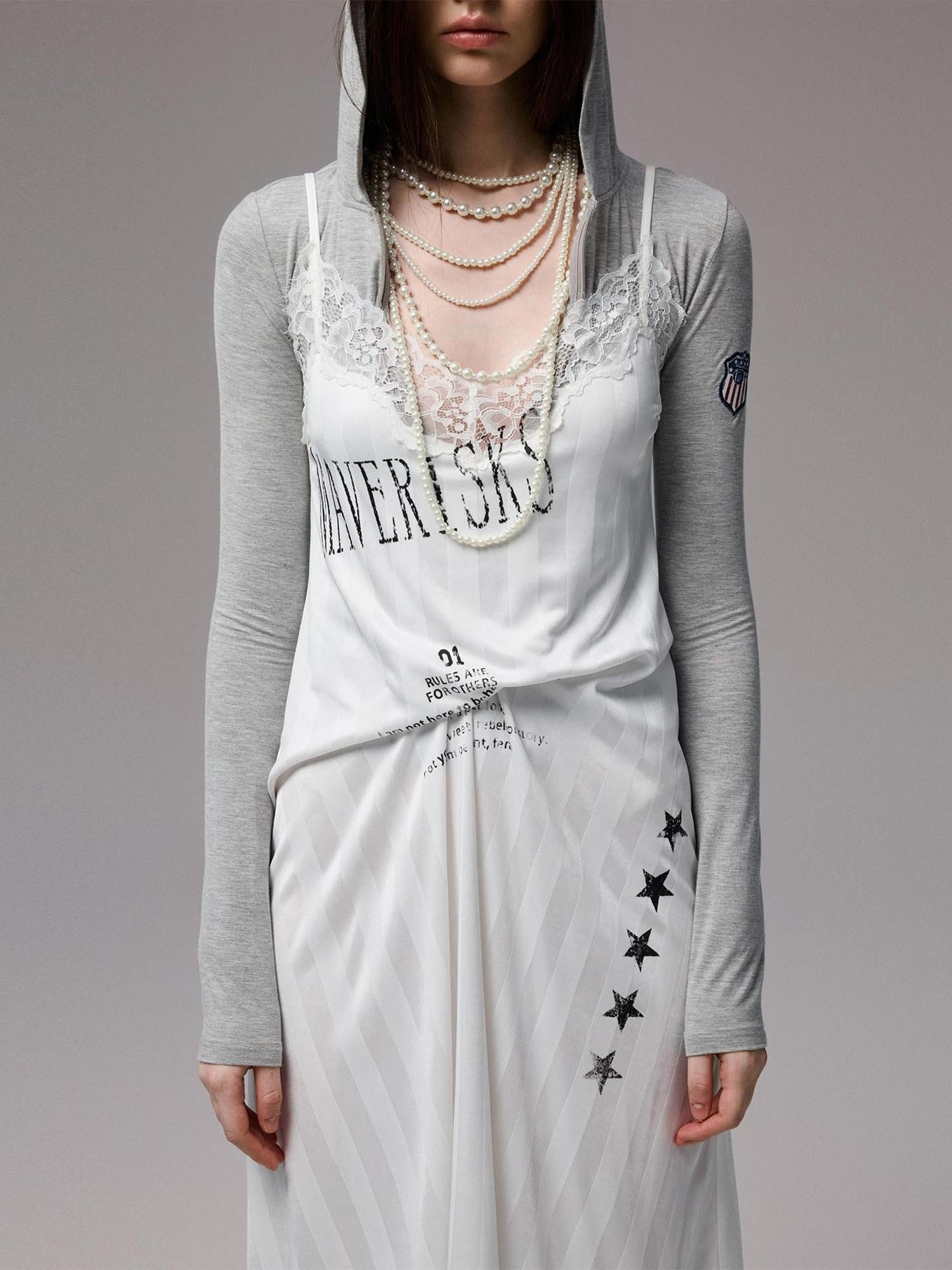 1JINN STUDIO Letter Print Lace Patchwork V-neck Women&
