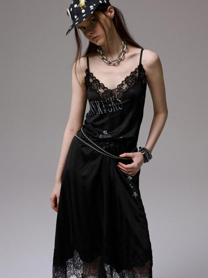1JINN STUDIO Letter Print Lace Patchwork V-neck Women&