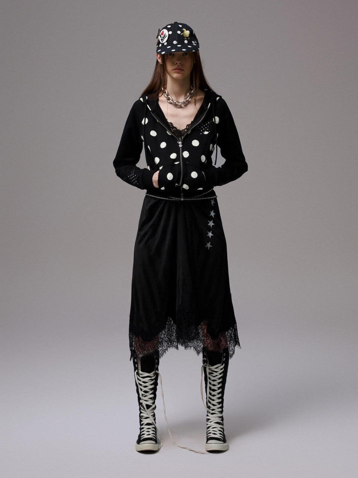 1JINN STUDIO Letter Print Lace Patchwork V-neck Women&