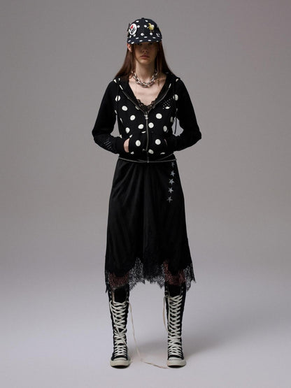 1JINN STUDIO Letter Print Lace Patchwork V-neck Women&