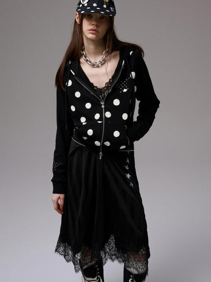 1JINN STUDIO Letter Print Lace Patchwork V-neck Women&